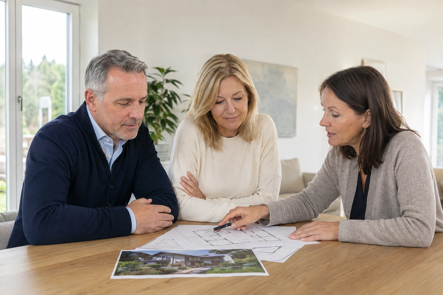 Eigentümerpaar bespricht mit einer Beraterin den Plan eines Wohnhauses